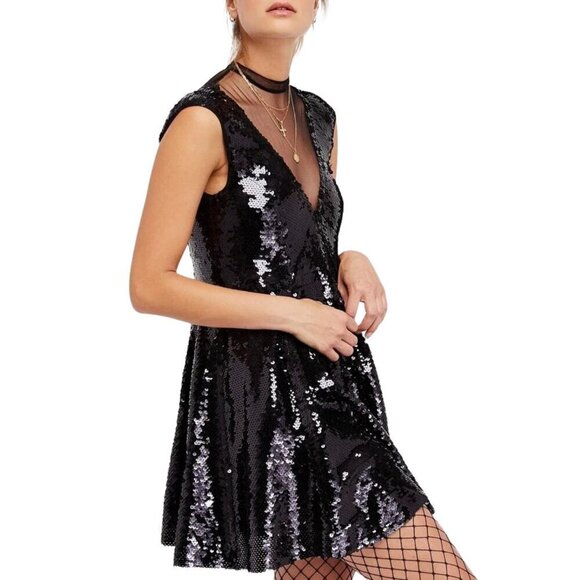 Free People Dresses & Skirts - NEW Free People Dance Til Dawn Sequin Mesh Mini Dress in Black Sz. S